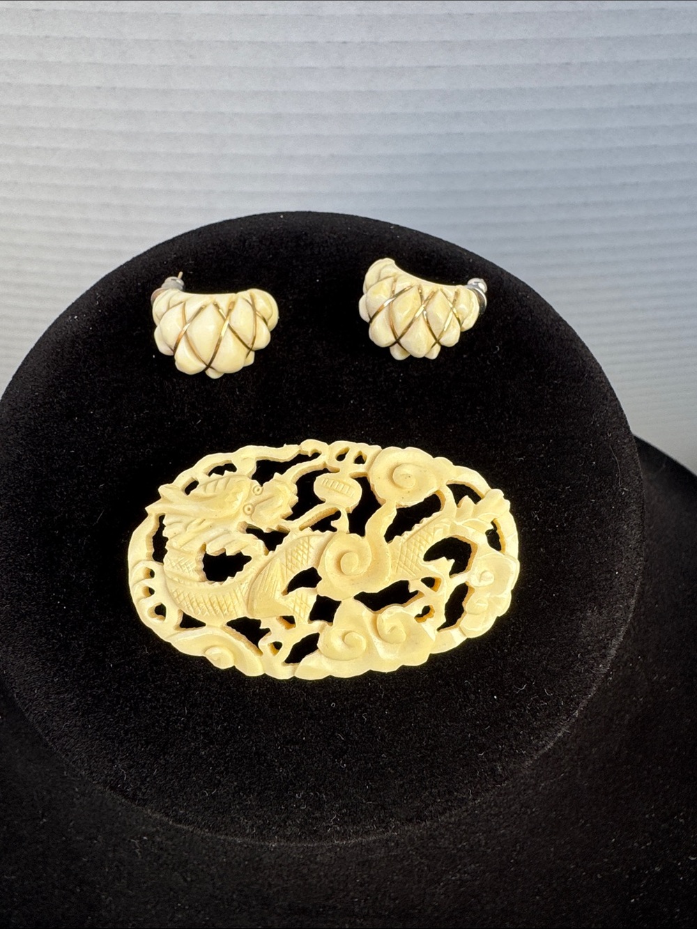 Vintage Carved Dragon Brooch and Earrings Set